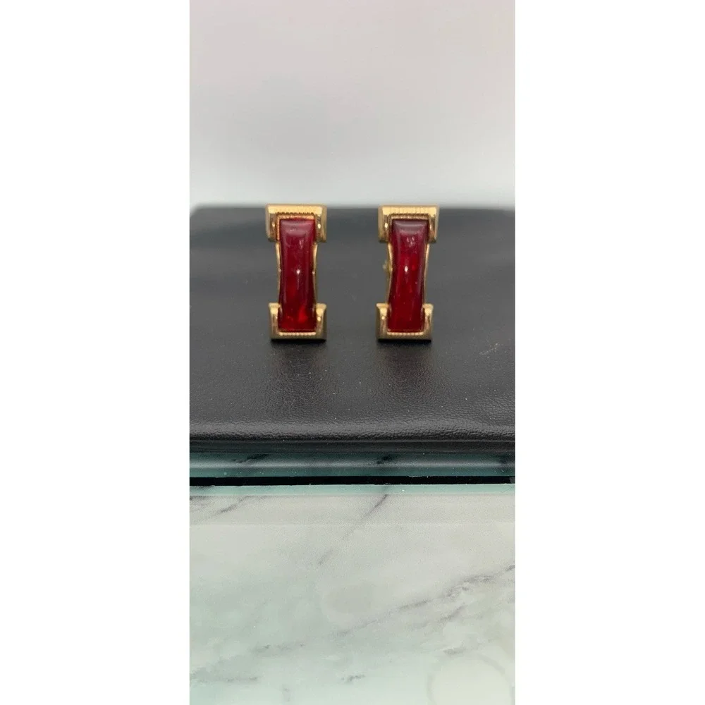 Vintage Foster Gold Tone Rectangle Cufflinks With Dark Red Cabochon Signed